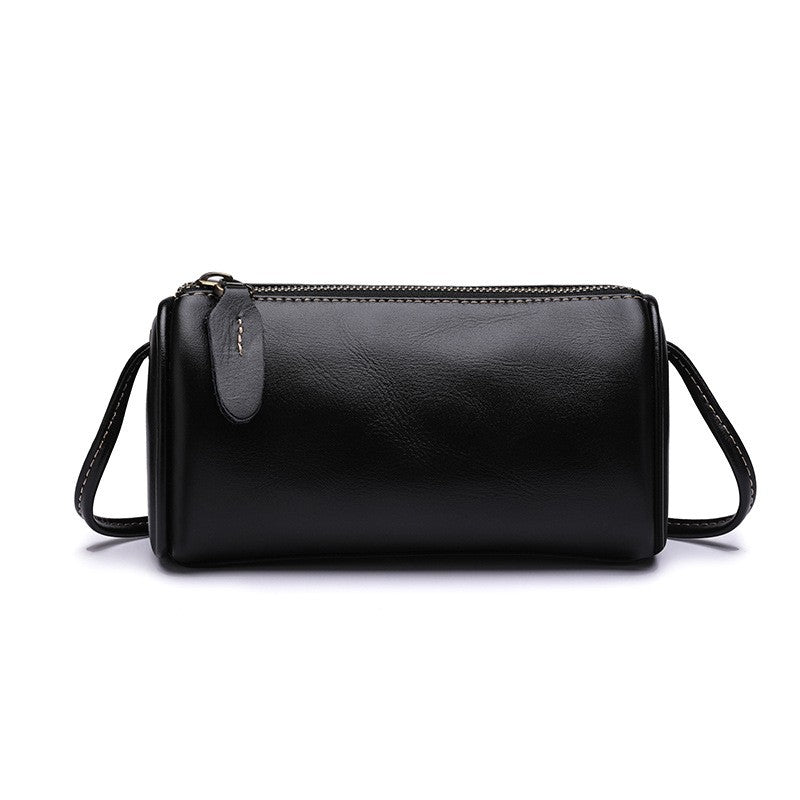 Mini Leather Barrel Crossbody Bag - Black