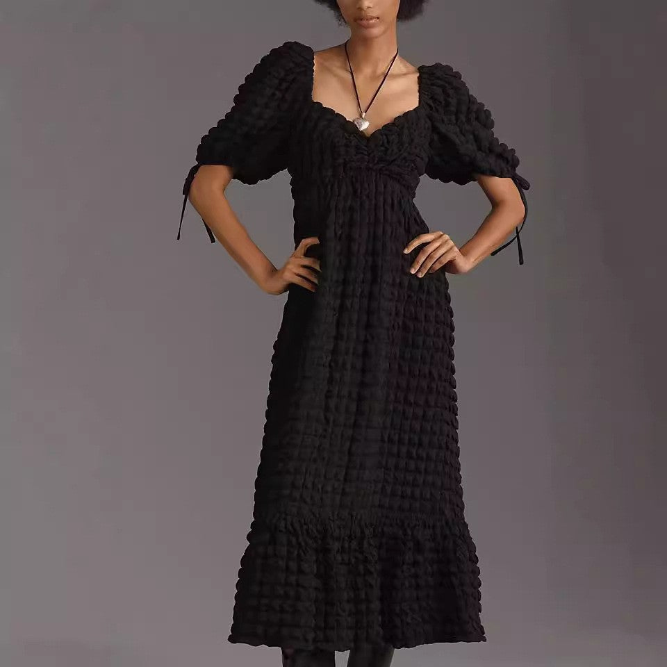Bubble Texture Puff Sleeve Maxi Dress - Black
