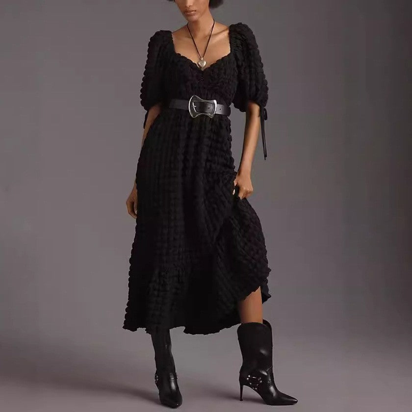 Bubble Texture Puff Sleeve Maxi Dress - Black - 1