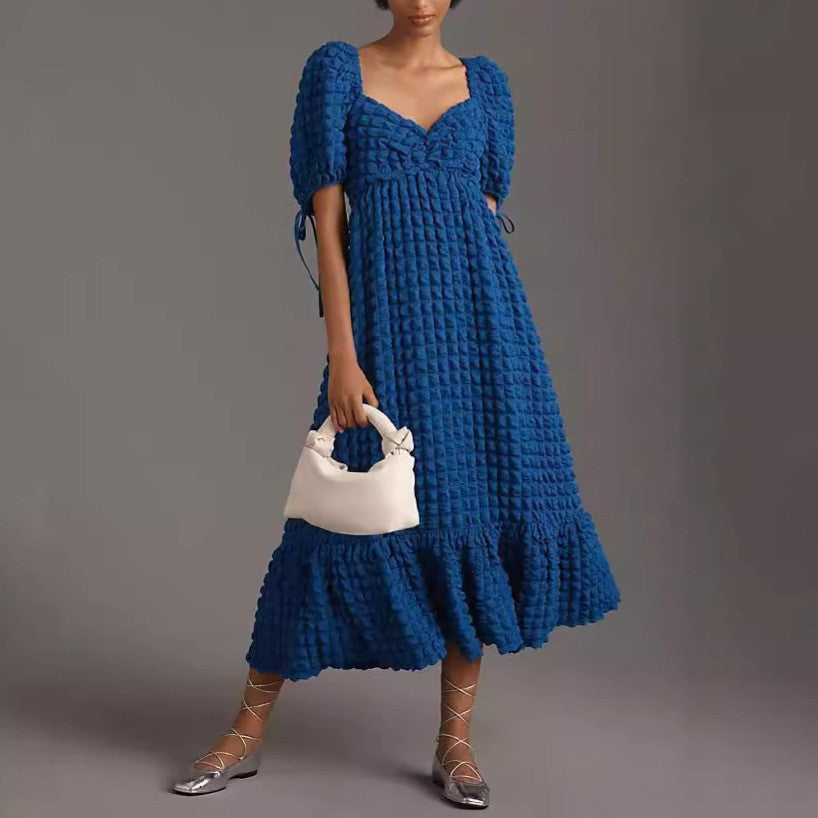 Bubble Texture Puff Sleeve Maxi Dress - Blue