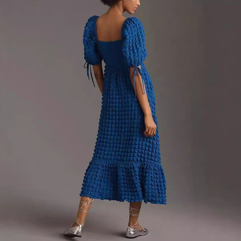 Bubble Texture Puff Sleeve Maxi Dress - Blue - 1