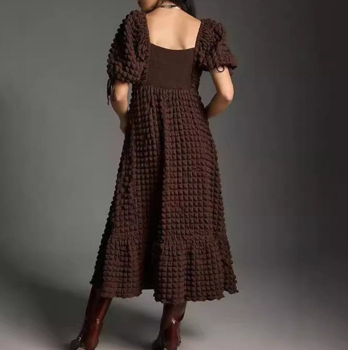 Bubble Texture Puff Sleeve Maxi Dress - Brown - 1