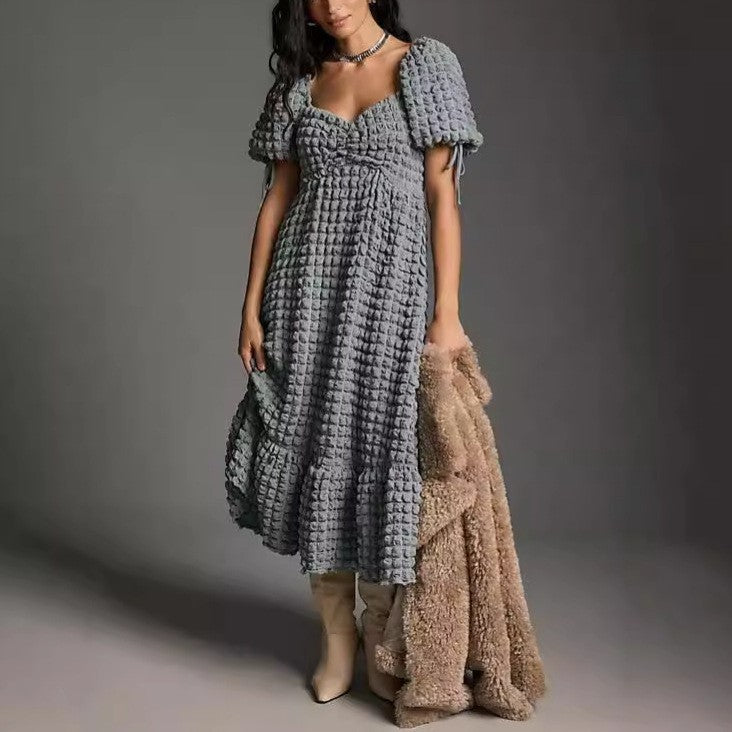 Bubble Texture Puff Sleeve Maxi Dress - Grey