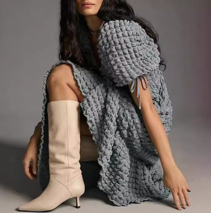 Bubble Texture Puff Sleeve Maxi Dress - Grey - 1