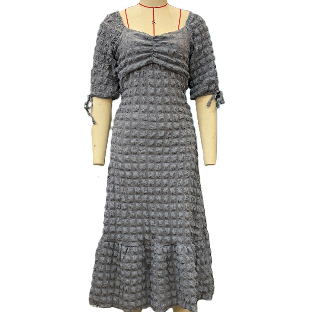 Bubble Texture Puff Sleeve Maxi Dress - Grey - 2