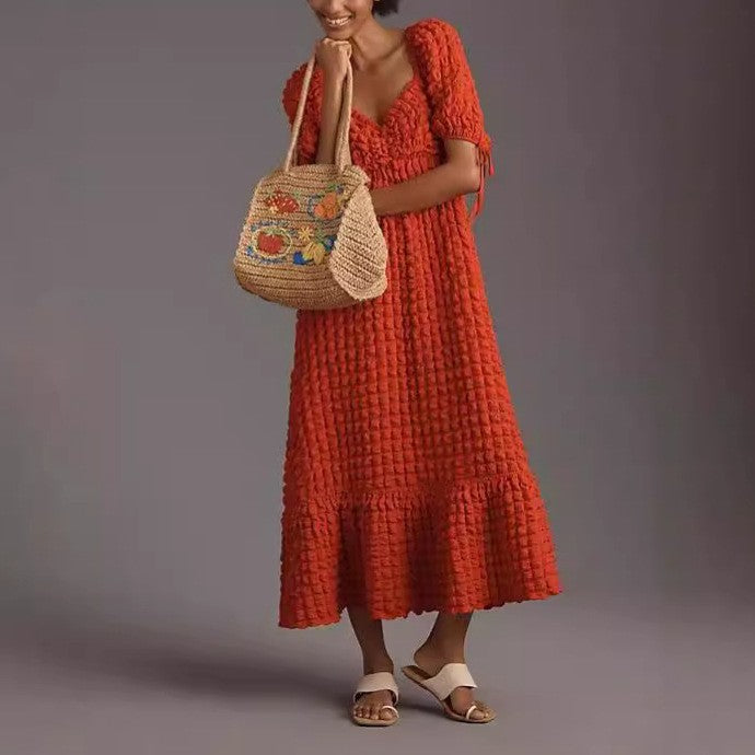 Bubble Texture Puff Sleeve Maxi Dress - Orange