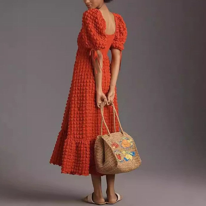 Bubble Texture Puff Sleeve Maxi Dress - Orange - 1