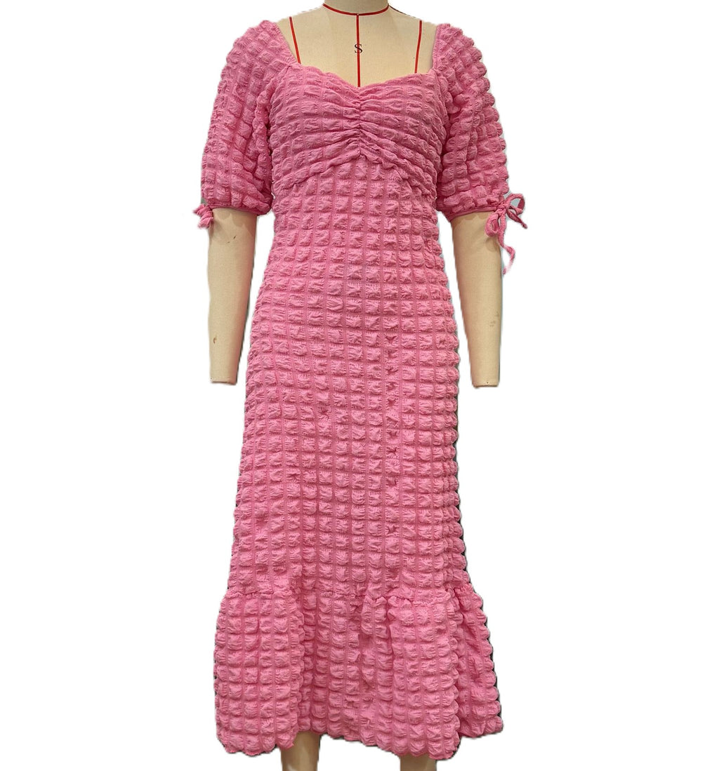 Bubble Texture Puff Sleeve Maxi Dress - Pink