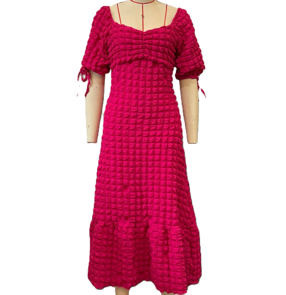 Bubble Texture Puff Sleeve Maxi Dress - Rosered