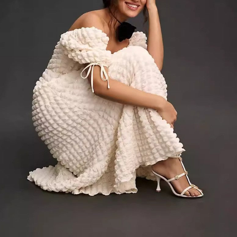 Bubble Texture Puff Sleeve Maxi Dress - White
