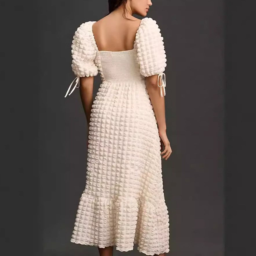 Bubble Texture Puff Sleeve Maxi Dress - White - 1
