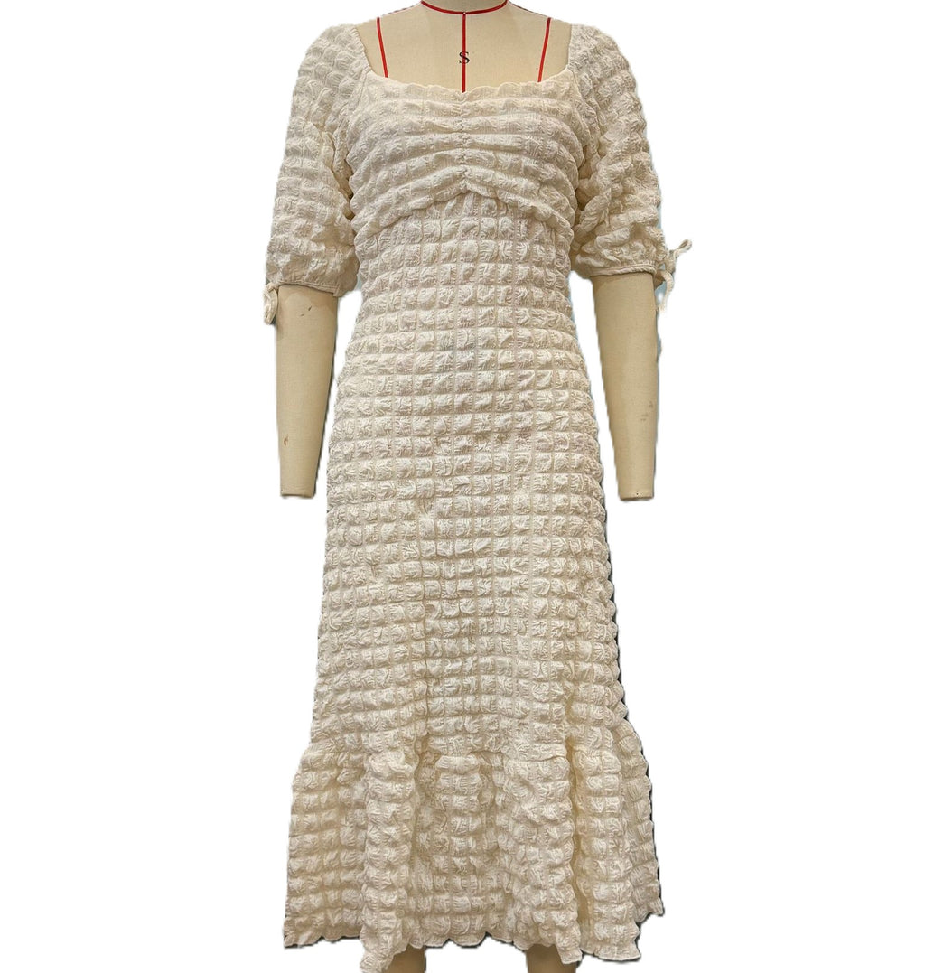 Bubble Texture Puff Sleeve Maxi Dress - White - 2