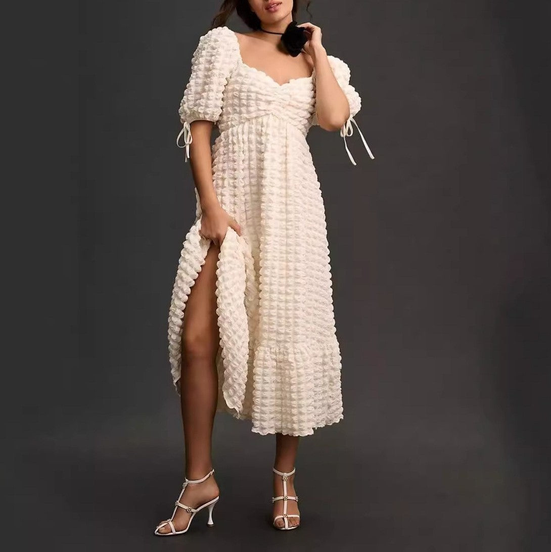 Bubble Texture Puff Sleeve Maxi Dress
