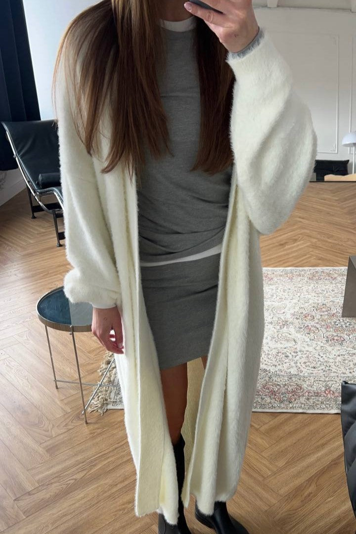 Soft Brushed V Neck Maxi Cardigan - Offwhite - 2