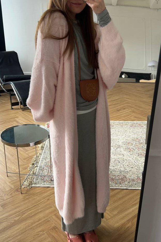 Soft Brushed V Neck Maxi Cardigan - Pink - 1