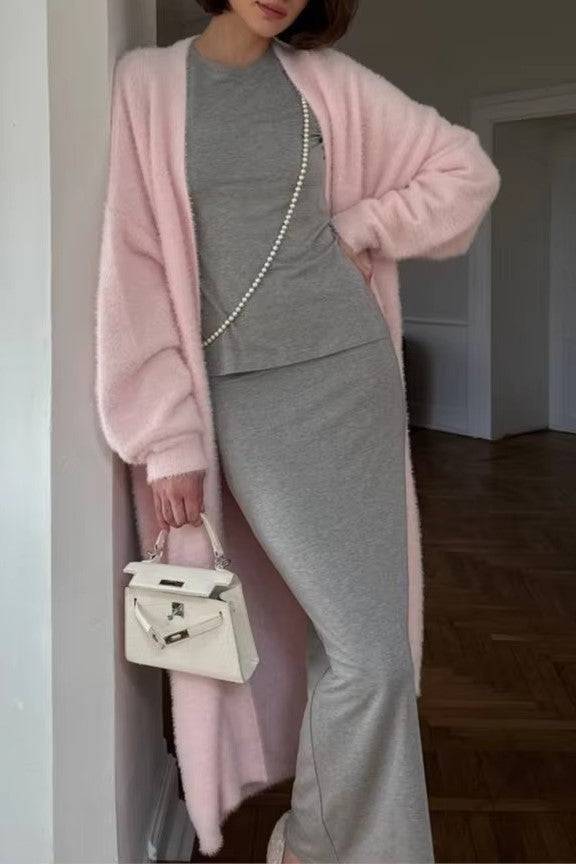 Soft Brushed V Neck Maxi Cardigan - Pink - 2