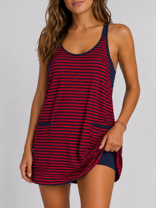 Striped Racerback Mini Dress With Built In Shorts - Red