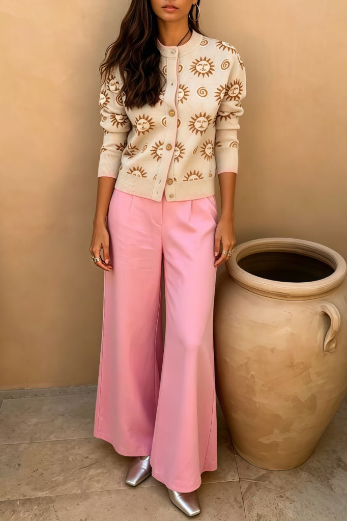 Celestial Floral Knit Two Piece Pant Set - Beige