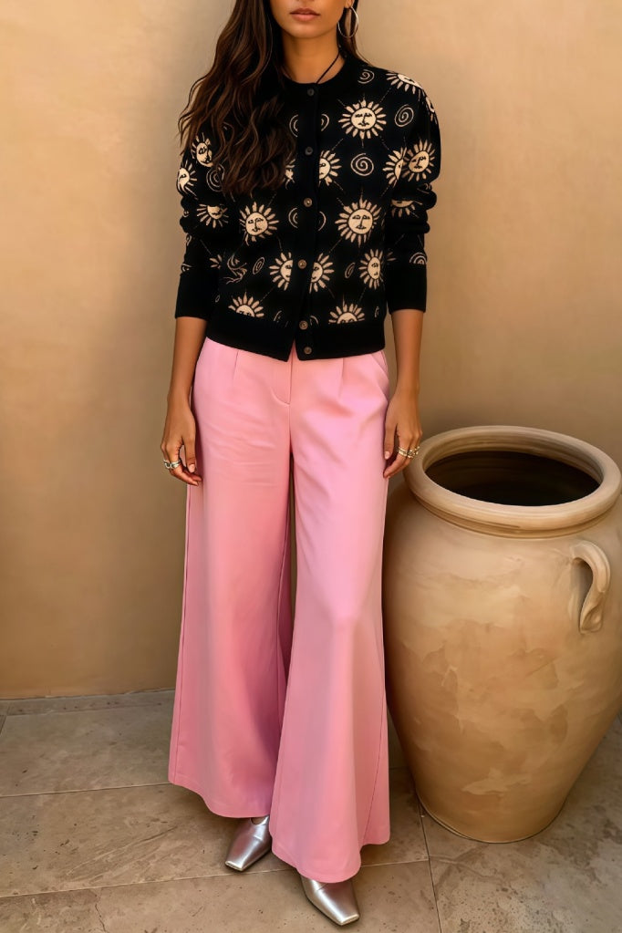 Celestial Floral Knit Two Piece Pant Set - Black