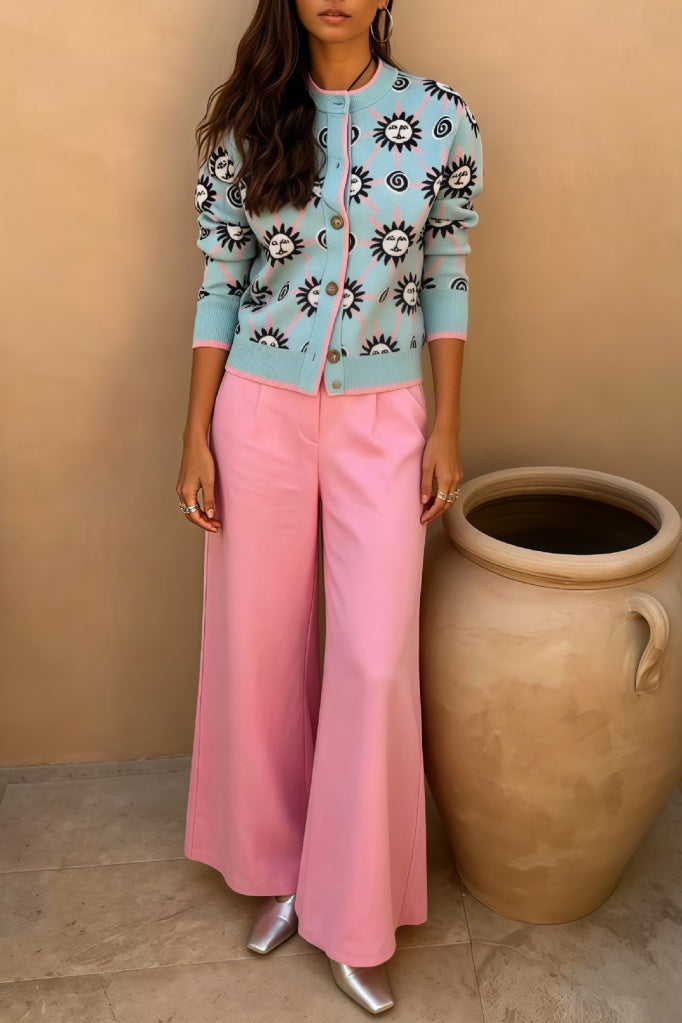 Celestial Floral Knit Two Piece Pant Set - Blue - 1