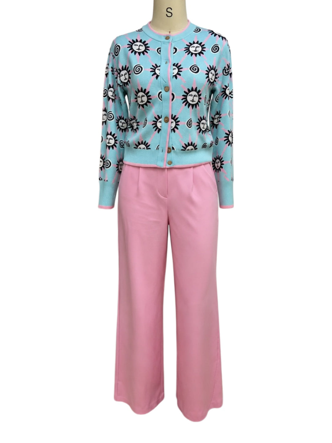 Celestial Floral Knit Two Piece Pant Set - Blue - 2