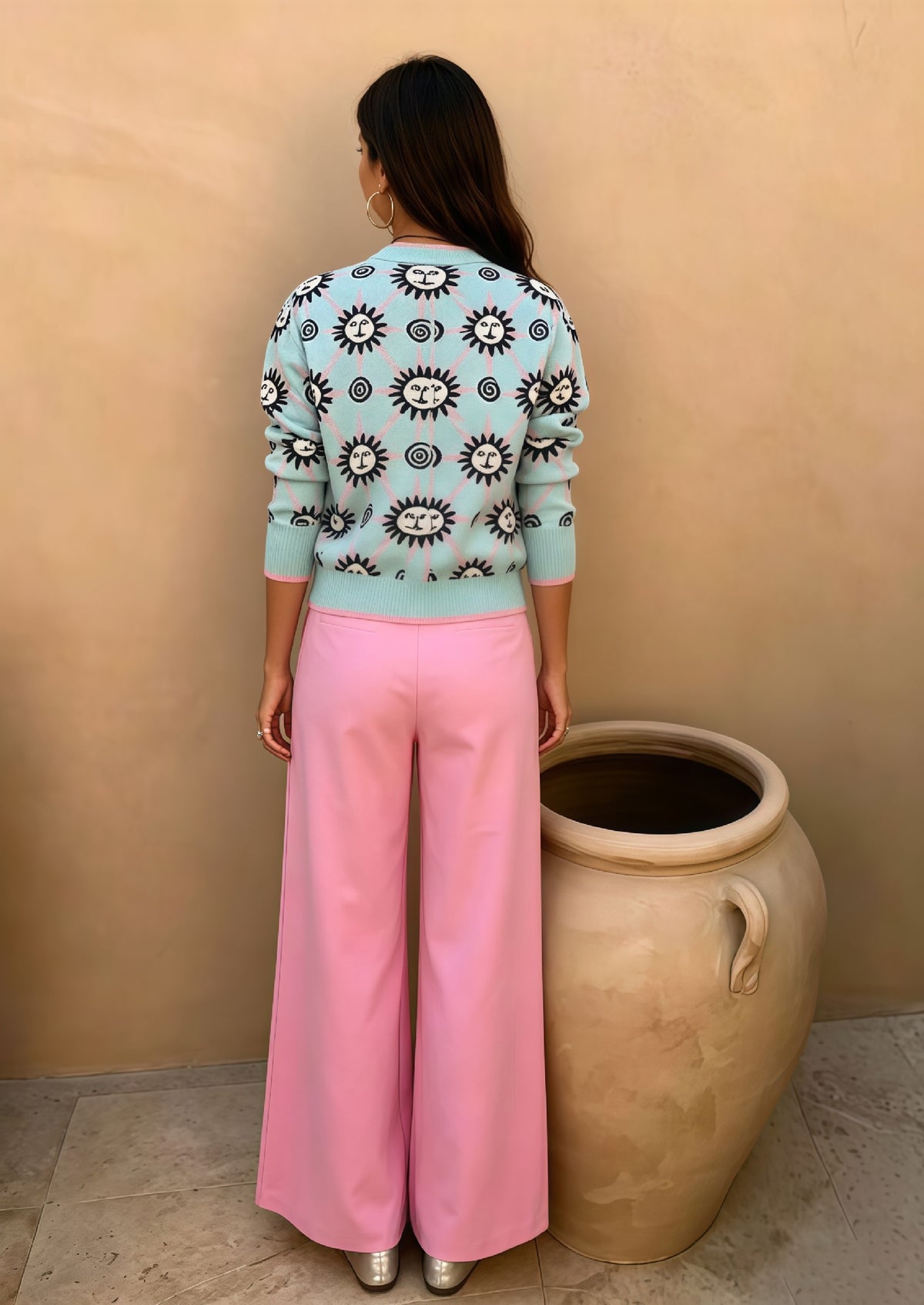 Celestial Floral Knit Two Piece Pant Set - Blue - 4