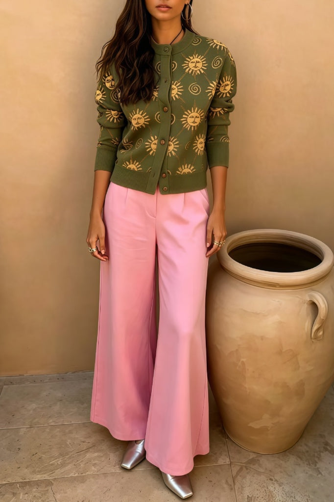 Celestial Floral Knit Two Piece Pant Set - Olive