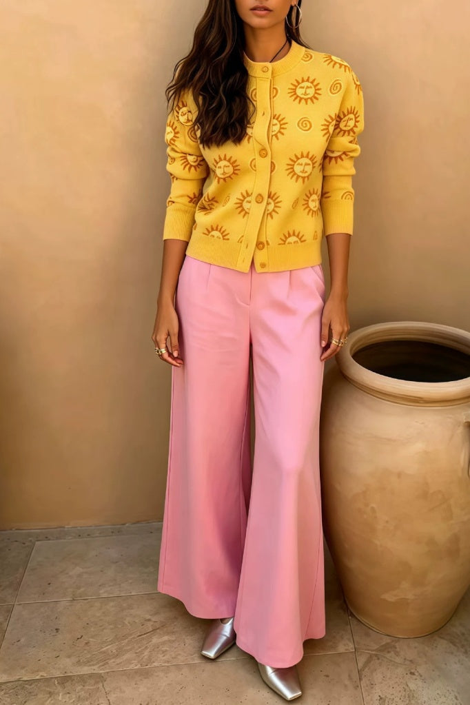 Celestial Floral Knit Two Piece Pant Set - Yellow