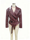 Pebbled Faux Leather Belted Wrap Blazer Jacket - Burgundy