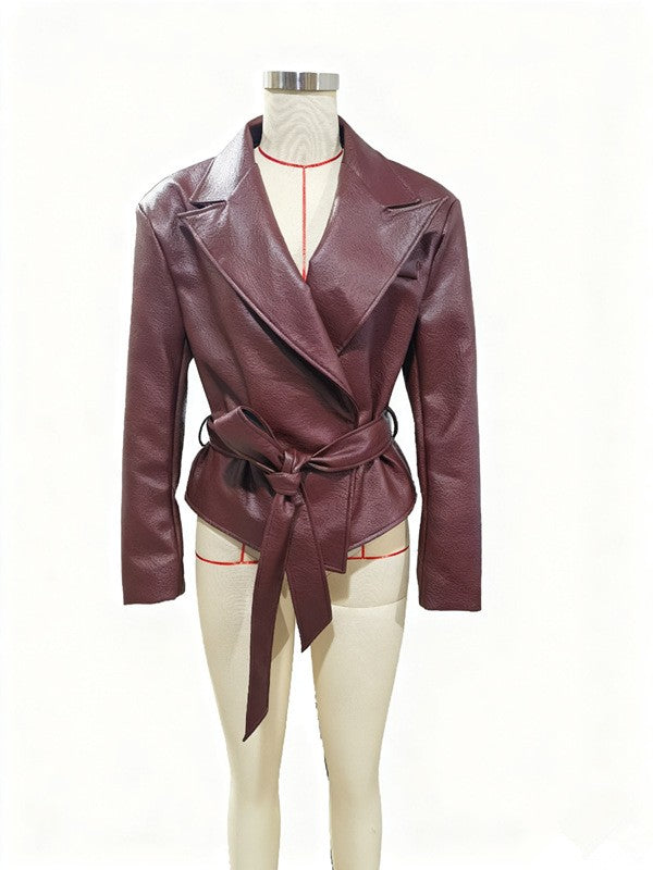 Pebbled Faux Leather Belted Wrap Blazer Jacket - Burgundy