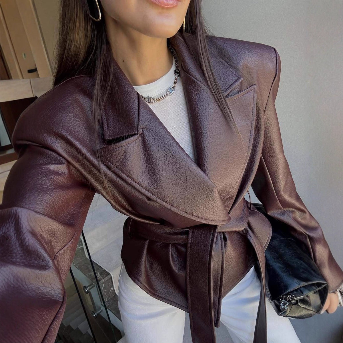 Pebbled Faux Leather Belted Wrap Blazer Jacket