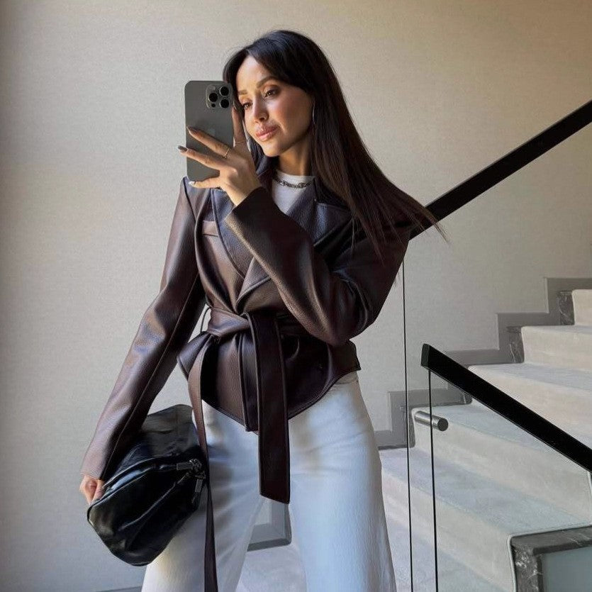 Pebbled Faux Leather Belted Wrap Blazer Jacket