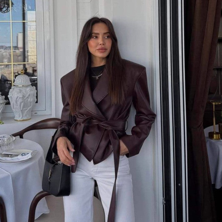 Pebbled Faux Leather Belted Wrap Blazer Jacket