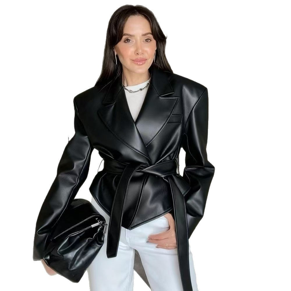 Pebbled Faux Leather Belted Wrap Blazer Jacket
