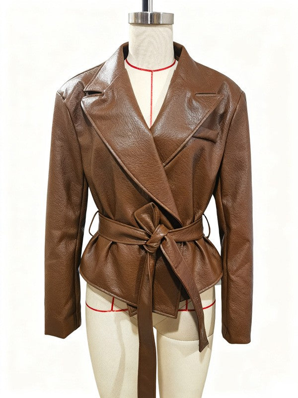 Pebbled Faux Leather Belted Wrap Blazer Jacket