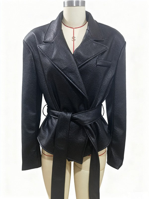 Pebbled Faux Leather Belted Wrap Blazer Jacket