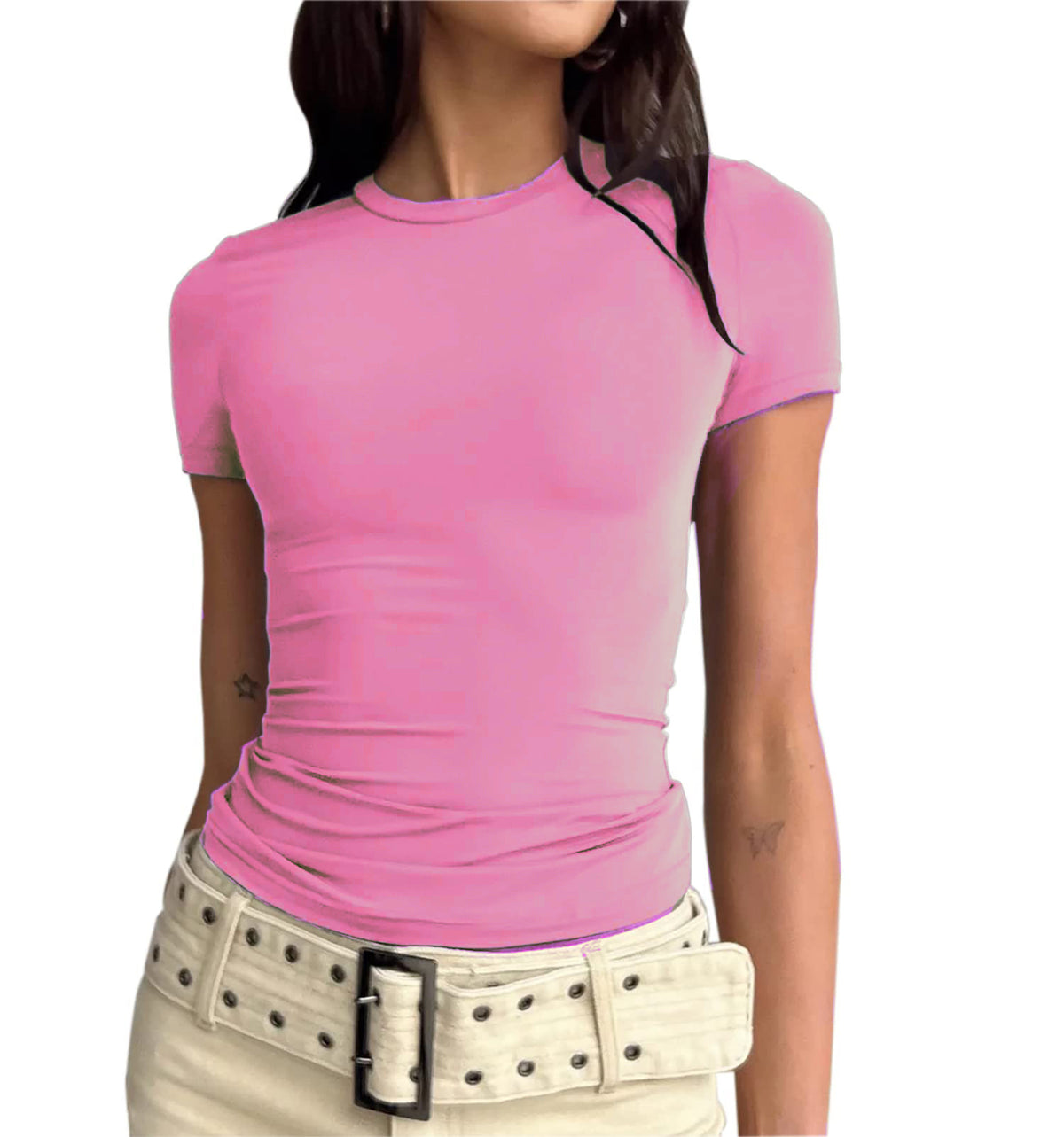 Fitted Crew Neck Short Sleeve Basic Tee - Pink