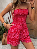 Tropical Print Strapless Smocked Jumpsuit - Red