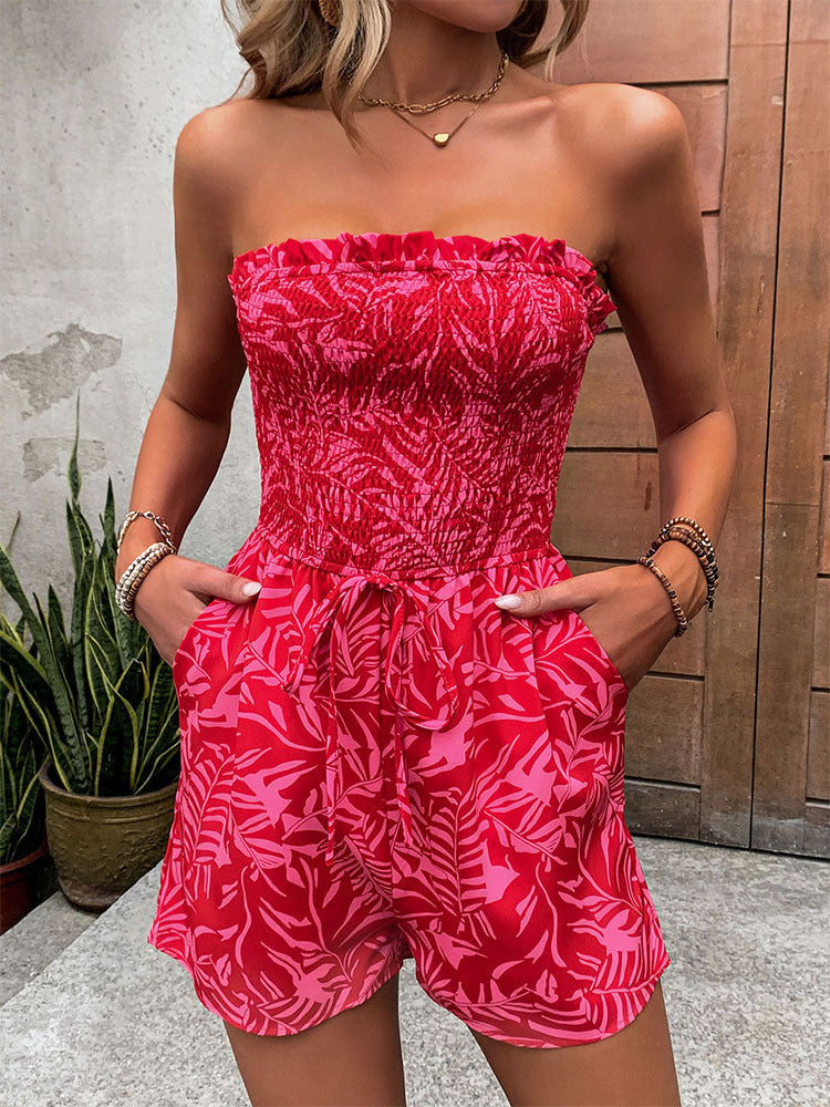 Tropical Print Strapless Smocked Jumpsuit - Red - 1