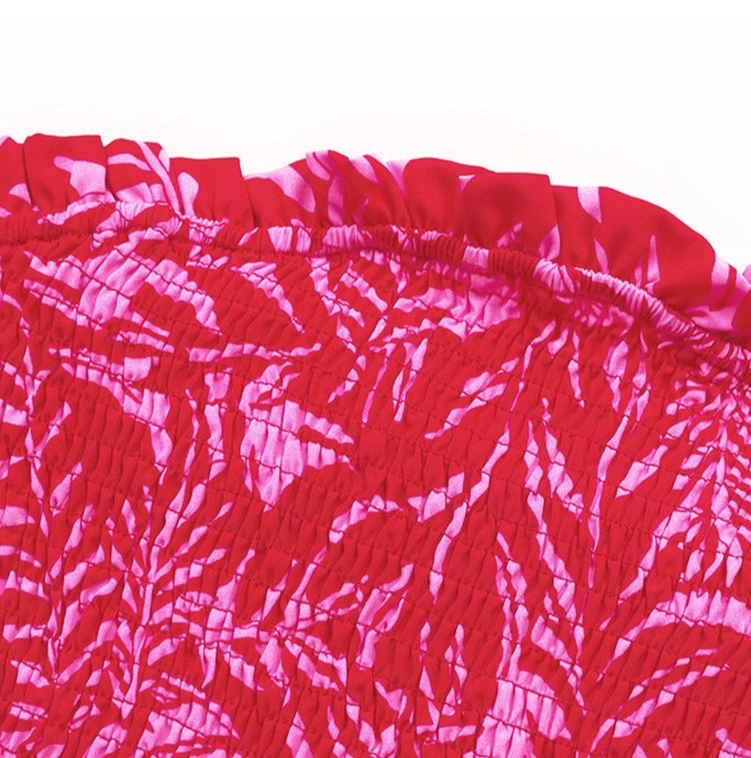 Tropical Print Strapless Smocked Jumpsuit - Red - 2
