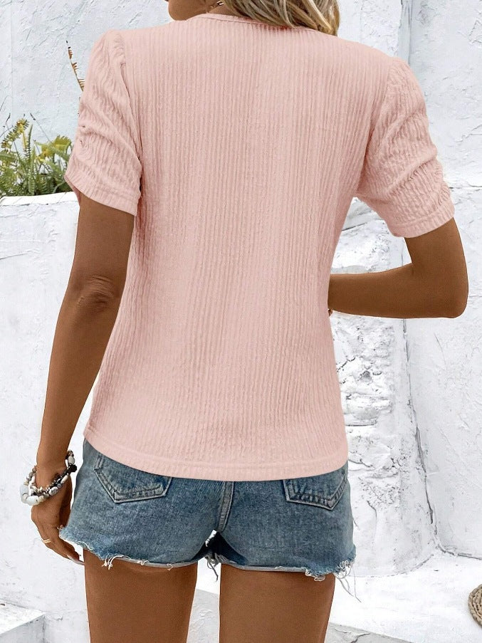 Textured Knit Puff Sleeve Crew Neck Tee - Pink - 1