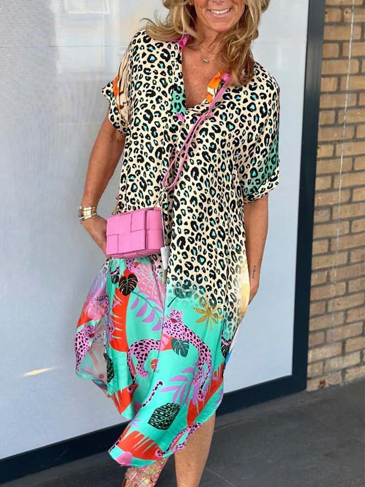 Leopard and Floral Print Shirt Dress - Apricot