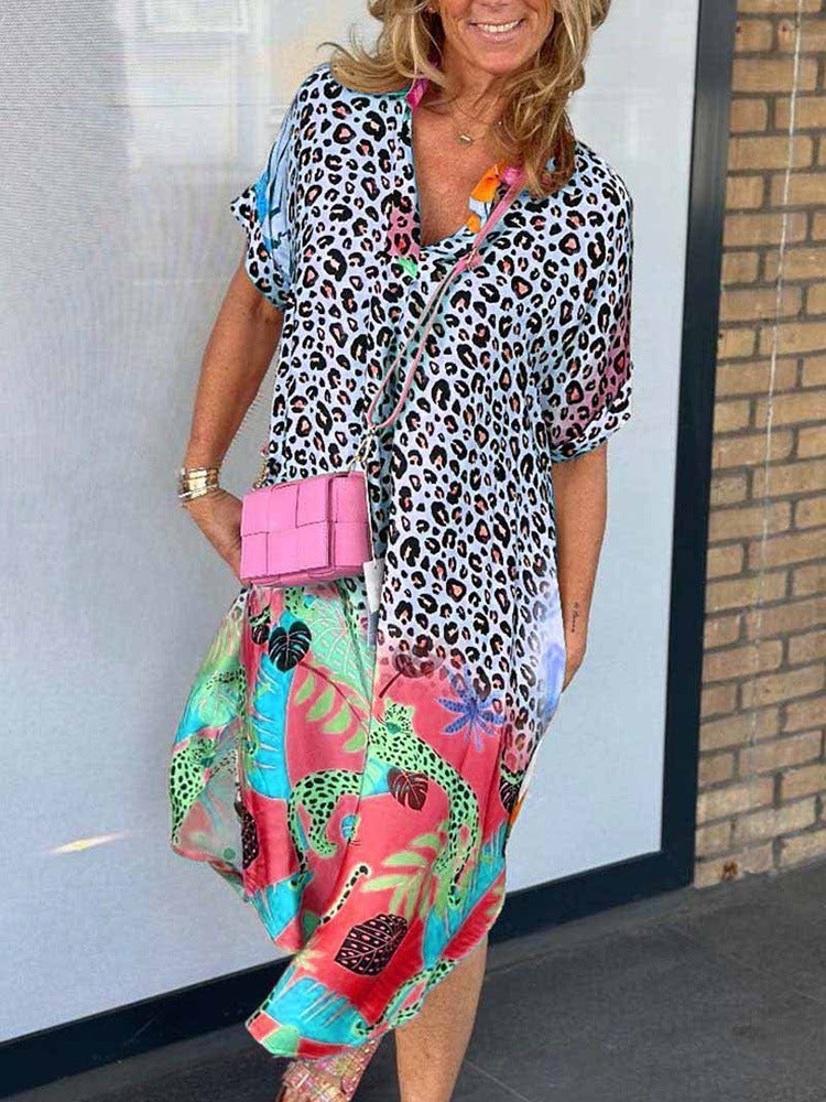 Leopard and Floral Print Shirt Dress - Blue