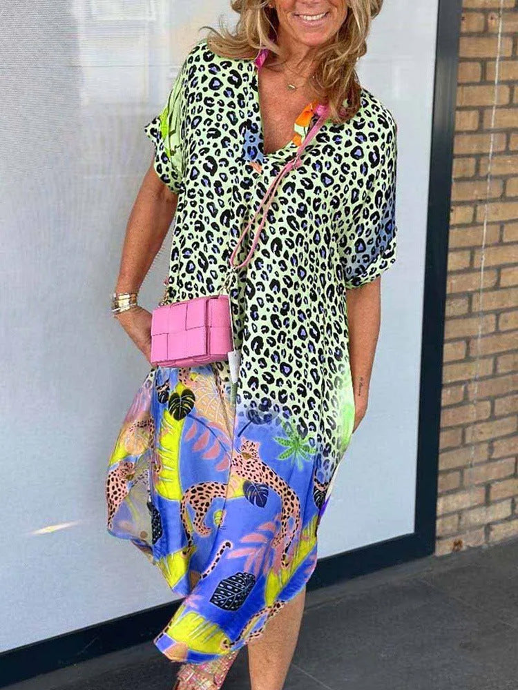 Leopard and Floral Print Shirt Dress - Green