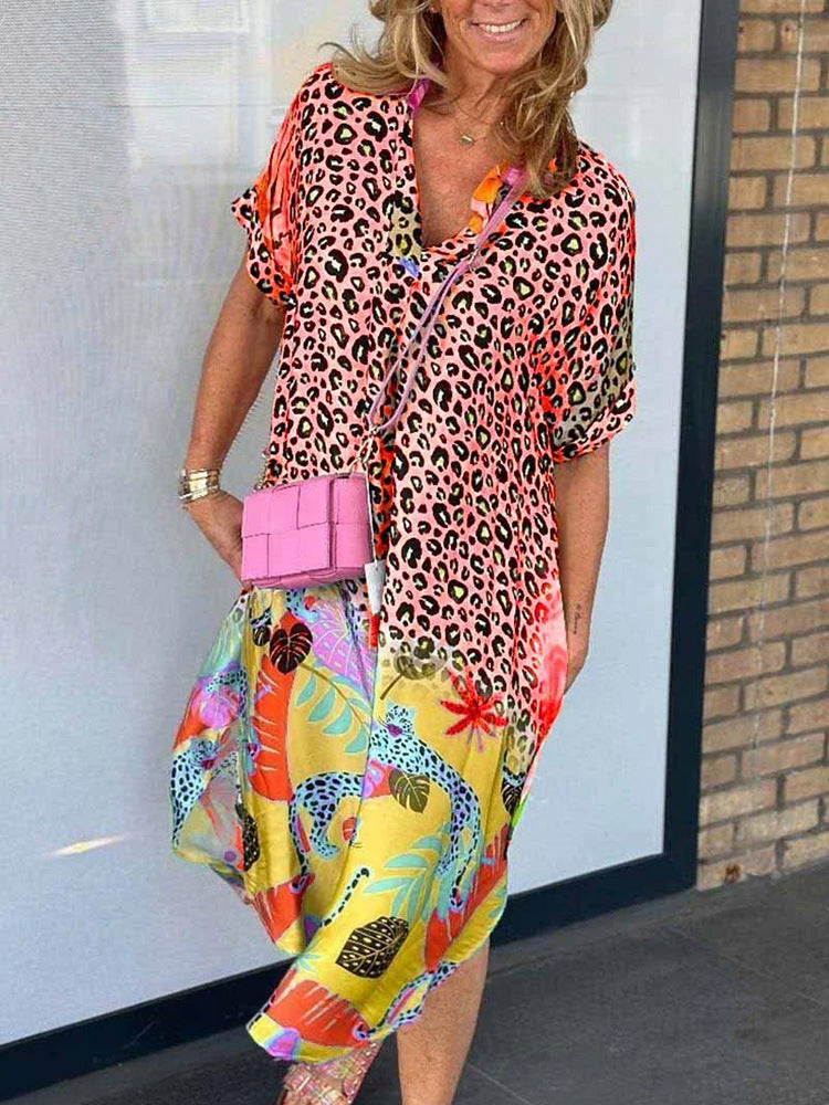 Leopard and Floral Print Shirt Dress - Orange