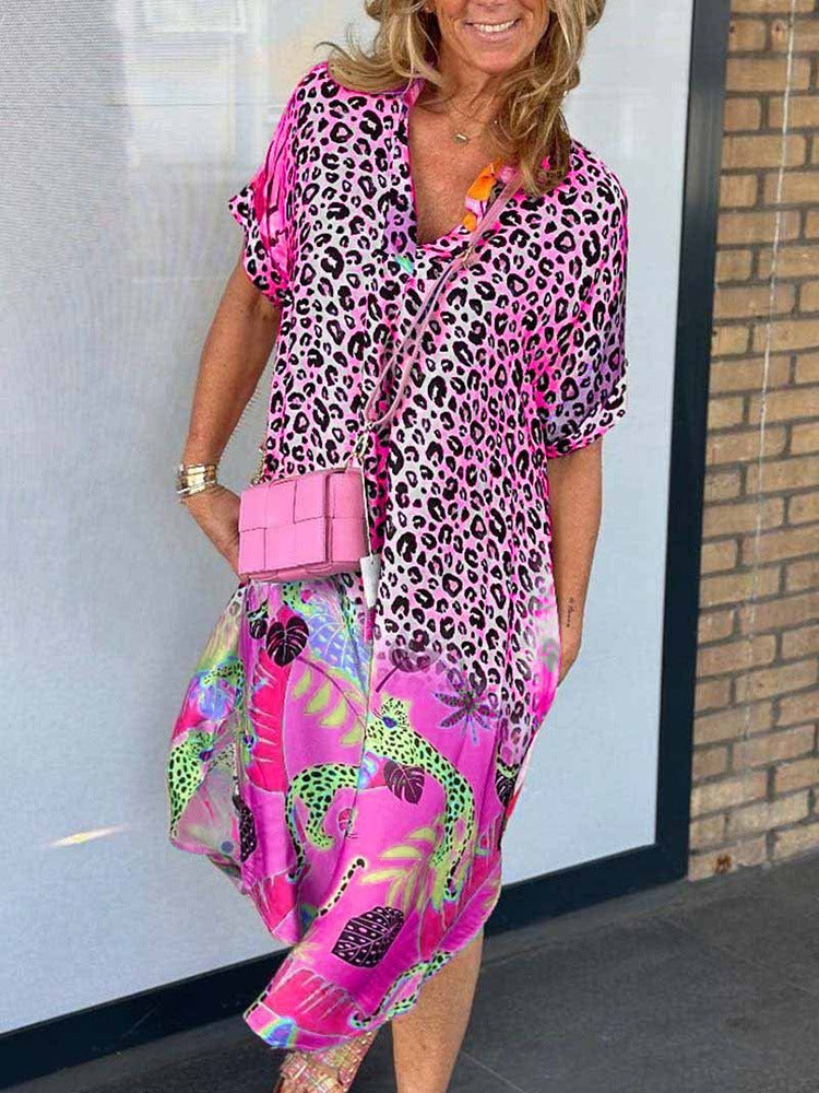 Leopard and Floral Print Shirt Dress - Pink