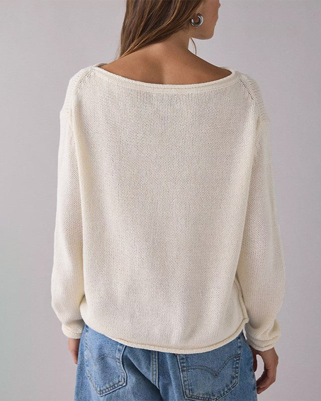 Relaxed Boatneck Knit Sweater With Drop Sleeves - Beige - 1