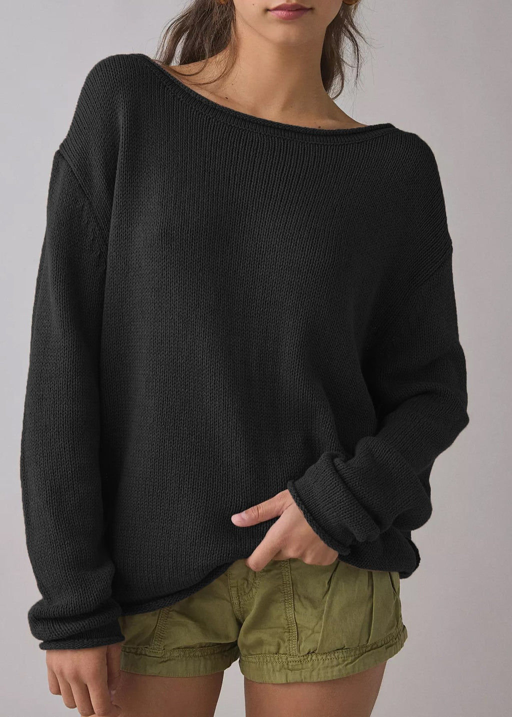 Relaxed Boatneck Knit Sweater With Drop Sleeves - Black