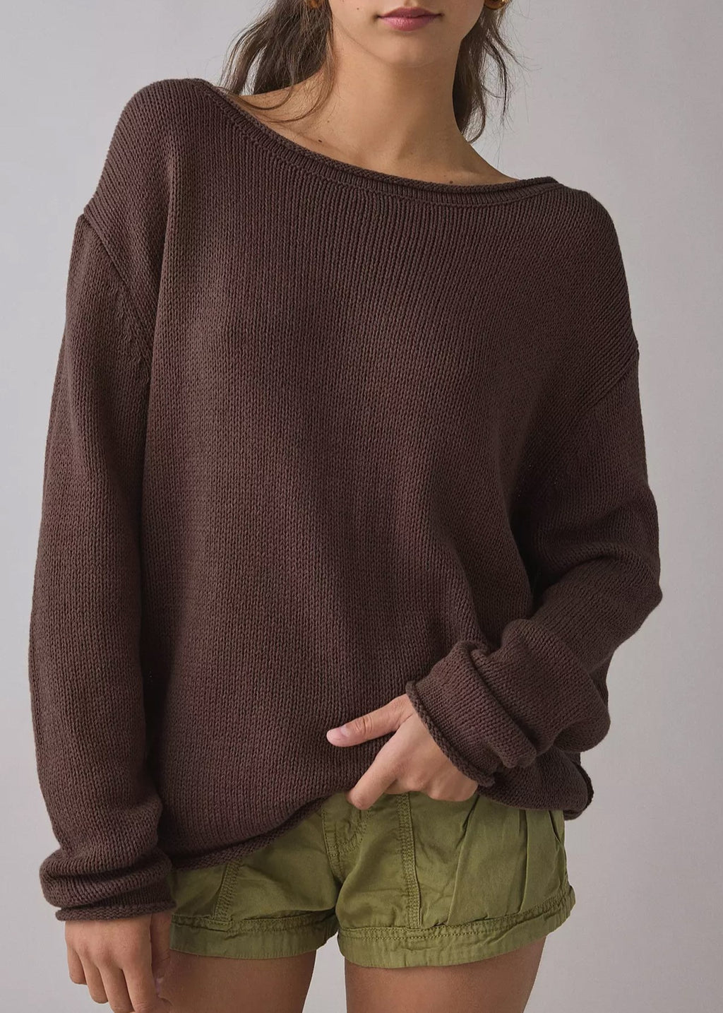 Relaxed Boatneck Knit Sweater With Drop Sleeves - Coffee