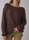 Relaxed Boatneck Knit Sweater With Drop Sleeves - Coffee